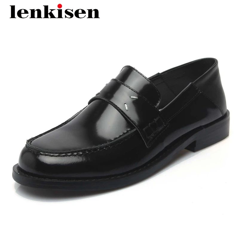 

Lenkisen large size european style genuine leather leisure round toe low heel slip on office lady designer dress women pumps L01