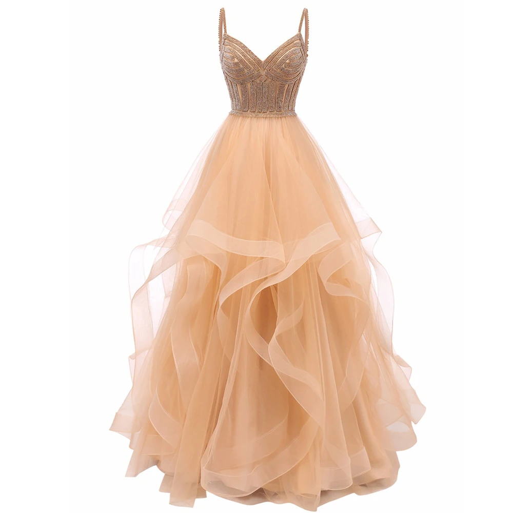 Vkbridal Длинные бальные платья цвета шампанского золотистого Многоярусное