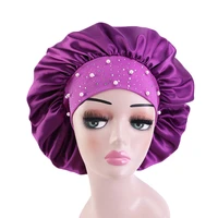 bonnet hair styling cap adjust solid satin long haircare women night sleep hat hot fix rhinestone silk head wrap shower cap