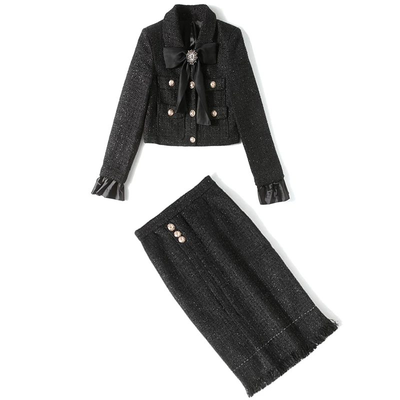 

2020 Autumn Winter New Office Lady Tweed Two Piece Sets Women's Bow Woolen Short Jacket Coat and High Waist Tassel Skirts Suit