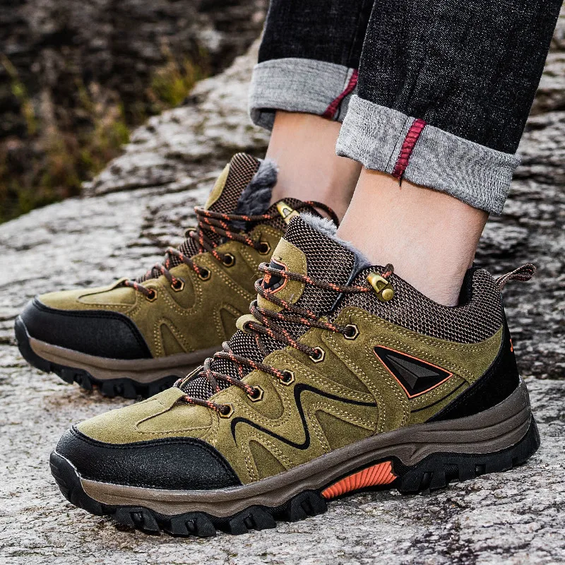 Fashion Winter Plush Hiking Shoes Man Climbing Sneakers Suede Leather Trekking Shoes For Men Non-slip Camping Walking Boots 2021