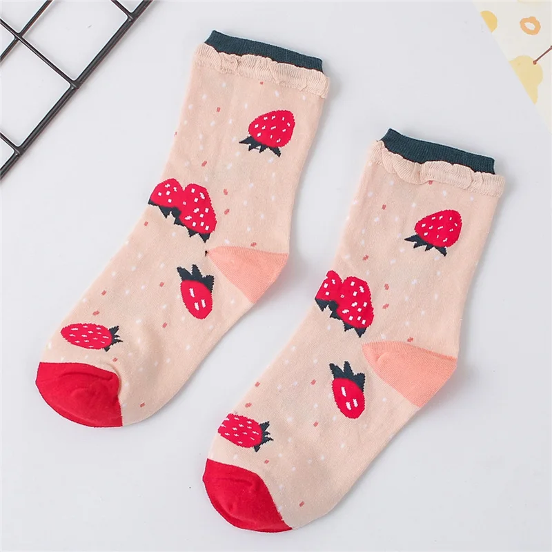 Biege Strawberry Милый комплект для девочек с изображением героев мультфильмов, фруктов, коттоновые носки Веселые orange банан груша арбуз рисунком Земляничная принцесса Лолита носки, подарок на Рождество - Цвет: Biege Strawberry