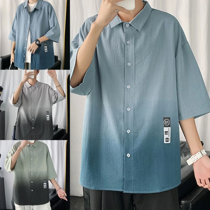 

K3NF Mens Summer Short Sleeve Button Down Shirts Harajuku Gradient Color Printed Loose Blouse Casual Lapel Holiday Streetwear