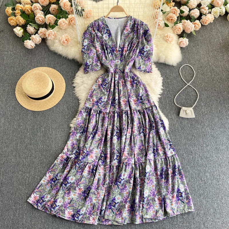 

European American Temperament Vestidos Women's Summer Dress 2021 New V-neck Puff Sleeve Slim Floral Holiday Midi Dress GL133