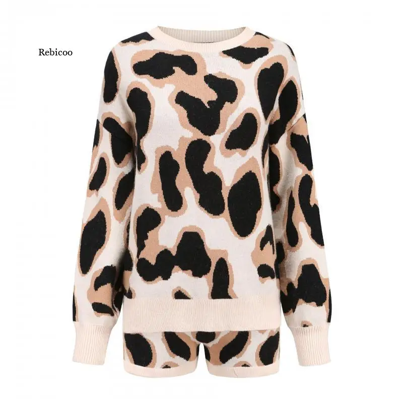 

2021 Spring and Autumn Women's Clothing Suit Female Leopard Print Long-Sleeved Sweater Shorts Casual Home Two-Piece Female