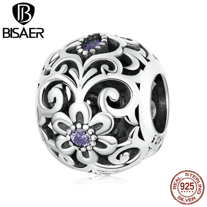 

BISAER Charm 925 Sterling Silver Classic Pattern Charms Purple Zircon Bead Pendant Women Bracelets Original Fine Jewelry ECC2183