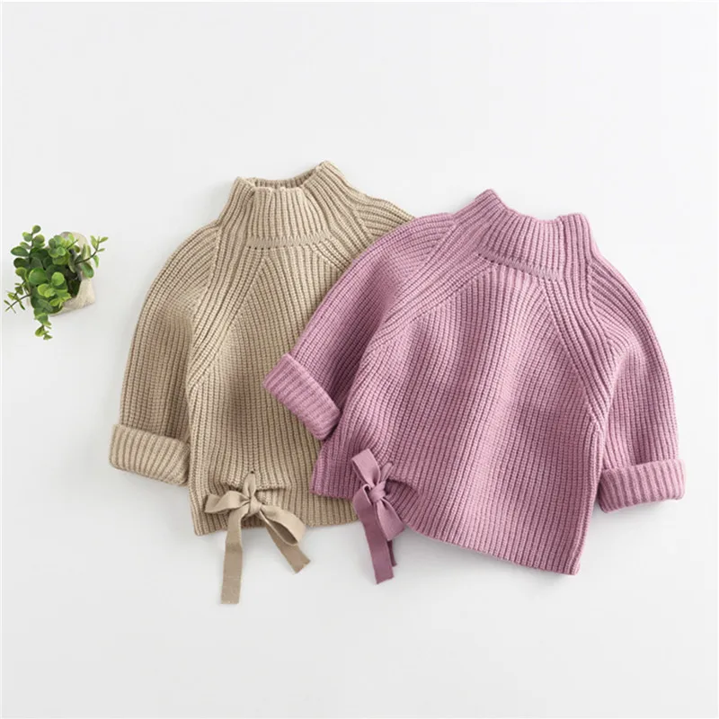 

Свитера для маленьких девочек, повседневные модные вязаные топы на осень и зиму, однотонная Водолазка с длинным рукавом и завязкой, пуловер...