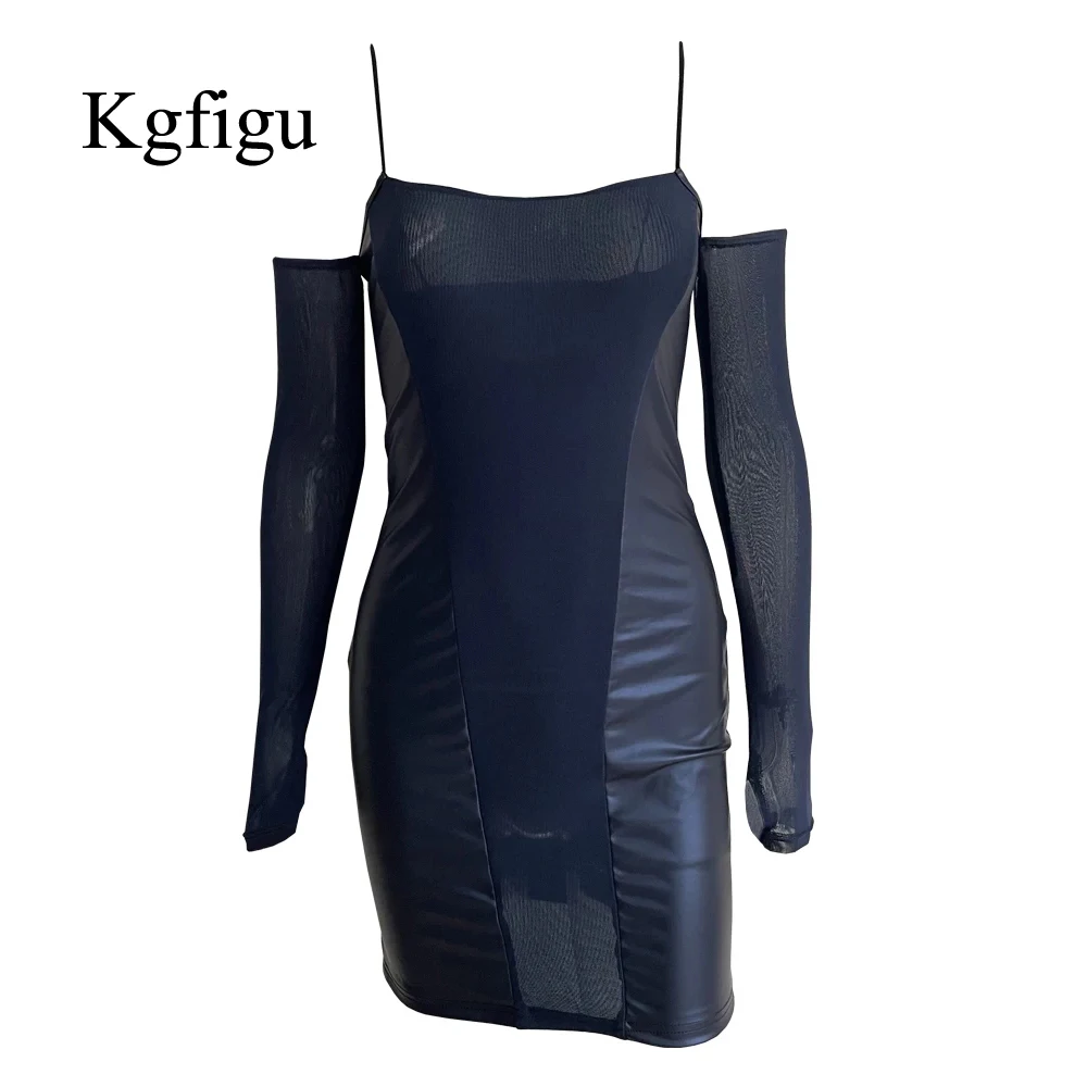 

KGFIGU платья для женщин 2021 осенняя одежда женские с длинным рукавом сетка и кожа сексуальное облегающее платье однотонное элегантное платье ...