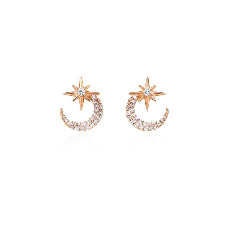 

S925 Silver Needle Exquisite Mini Micro-inlaid Zircon Star and Moon Asymmetric Earrings Five-pointed Star and Moon Earrings