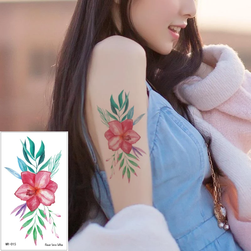 Наклейка-Татуировка акварелью водостойкая Временная тату с розовыми цветами для