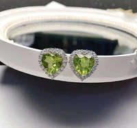 classic heart crystal stud earrings for daily wear 8mm natural peridot silver earrings fashion 925 silver peridot jewelry