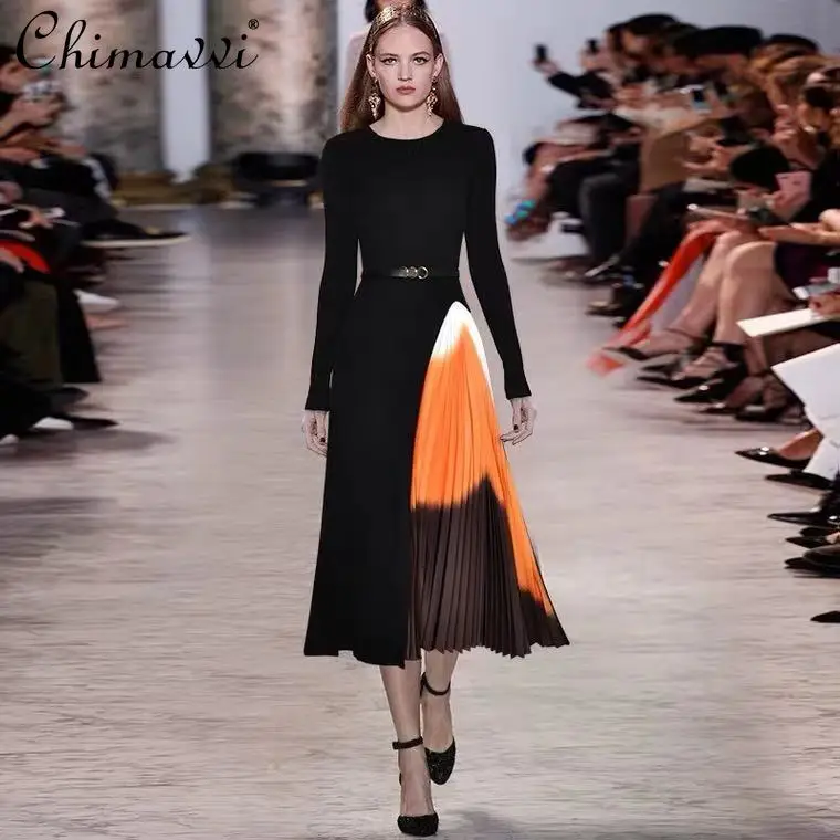 

Fashion Designer Mid-calf Dress 2021 Spring/Autumn Women's Elegant Dress Sashes Knitting Long Sleeve Patchwork Pleated Dresses