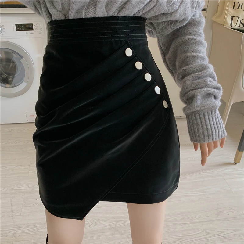 

Irregular Spring Autumn Short Mini Skirt Women High Waist Fashion Hip Package Side Button Folds Leather Skirts Streetwear Faldas
