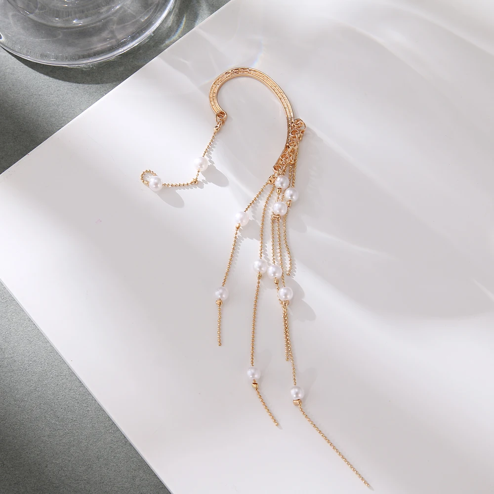 

SUMU 2021 New Gold Pearl Tassel Earrings Drop Dangle Ear Clip For Women Long Cuff Earring Bohemia Jewelrys