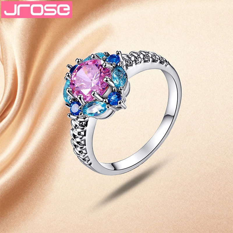 

JROSE Flower Cluster Rings For Women Wedding Band Green & Red & Pink CZ Jewelry Female Engagement Ring 6 to 13 Women Gift