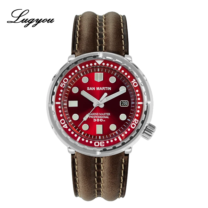 Leather Red Lugyou Сан Мартин тунец SBBN015 автоматические мужские часы для дайвинга из нержавеющей стали 300 м водостойкие солнечные лучи циферблат металлический браслет - Цвет: Leather Red