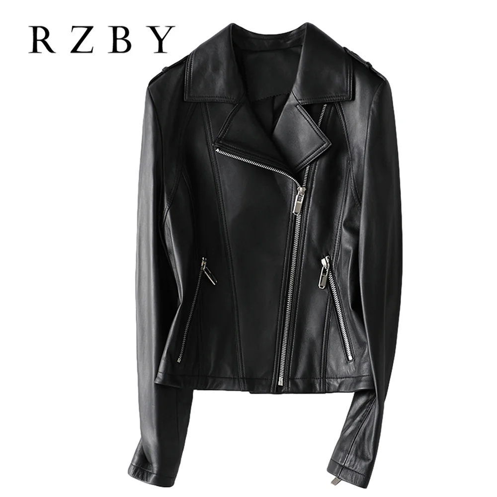 2021 Spring Women Real Sheepskin Jacket Long Sleeve Slim Zipper Genuine Leather Coat Ladies Streetwear Casual Harajuku RZBY312