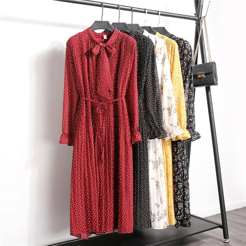 Женское Плиссированное шифоновое платье с цветочным принтом Новинка весна-осень