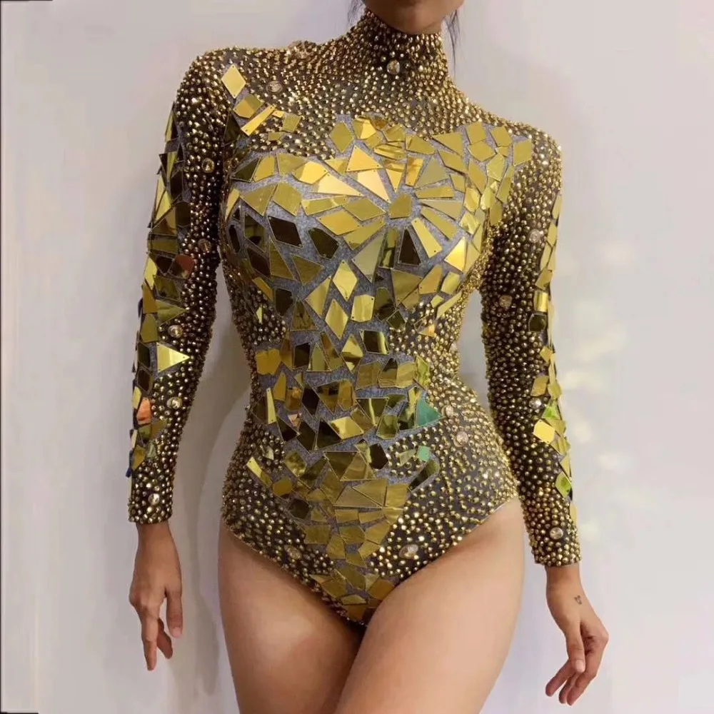 Bright Gold Rhinestones Mirrors Bodysuit Women's Birthday Celebrate Outfit DS Bar Singer Dancer Show Stretch Outfit DS DJ
