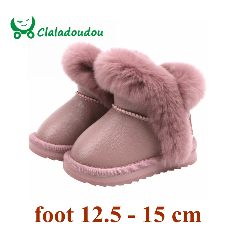 Claladoudou 13,5-15,5 см; брендовые ботинки из натуральной кожи; зимние черные теплые плюшевые детские зимние водонепроницаемые ботинки; ботинки с бахромой для девочек