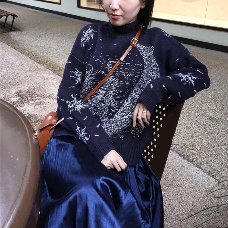 Turtleneck Sweater Women 2022 Winter Thick Runway Design Galaxy Moon Oversized Casual Pullover Knit Jumper C-122 | Женская одежда