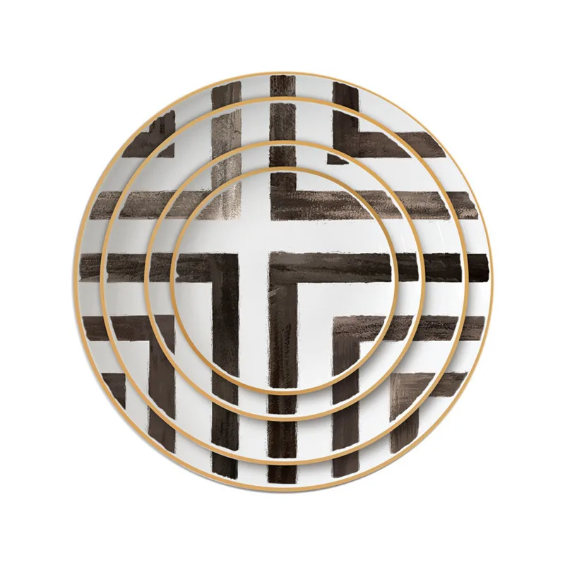 Bone China Plate Round Food Tray Dinner Set Cross-Border Pattern Restaurant Grid Gold Dish Assiette Porcelain | Дом и сад