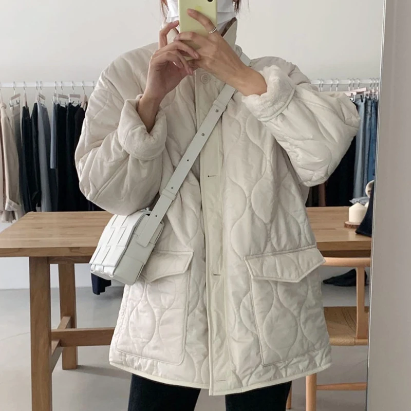 

Women's Jacket Korean Winter Retro Diamond Check High Collar Single-breasted Loose Mid-length Plus Velvet Thick Cotton Jacket