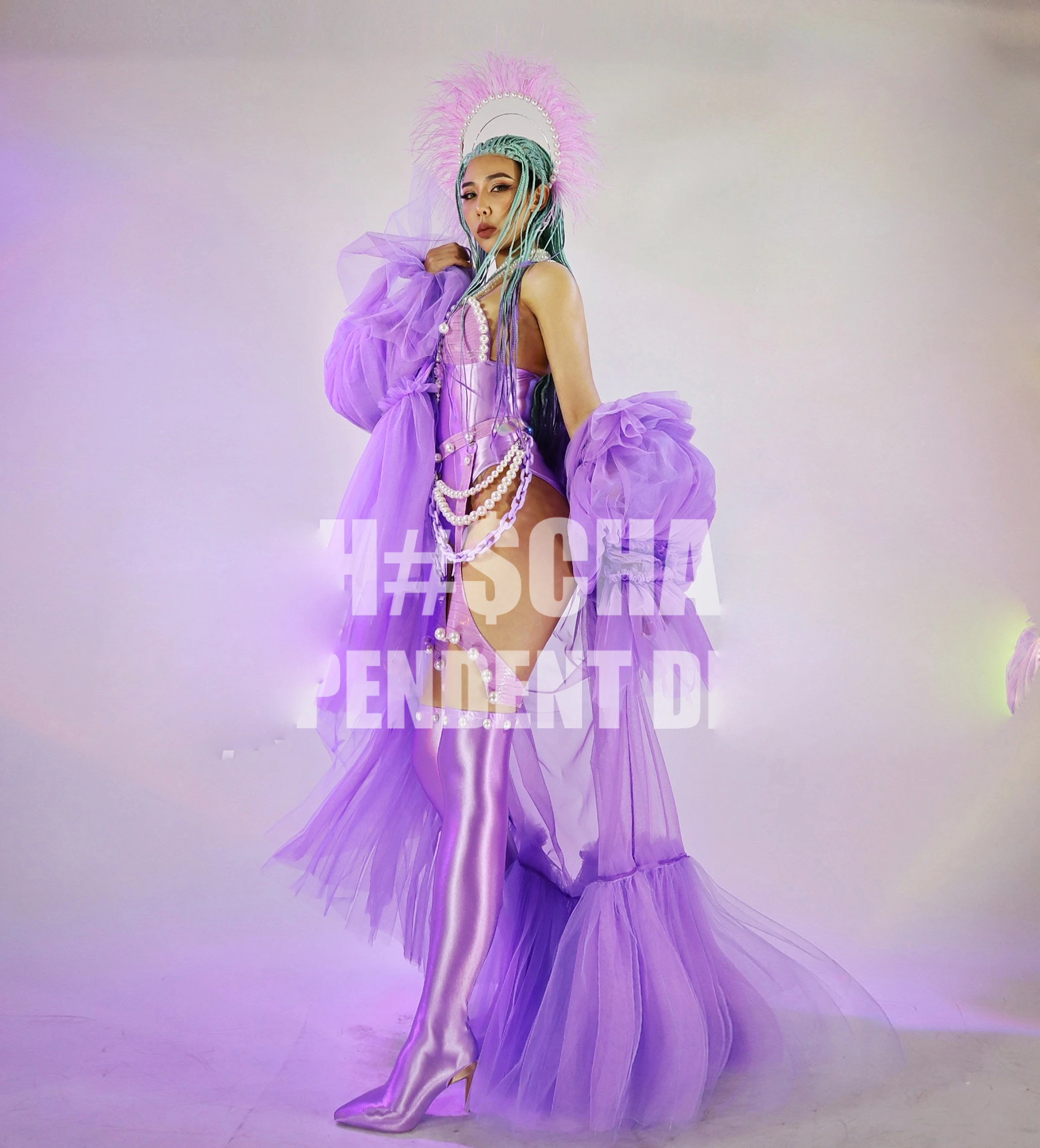 

Nightclub bar GOGO female purple technology show future cloth sexy cloak pearl DS costume