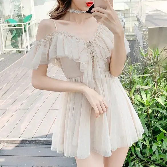 

Летнее женское Новое сексуальное элегантное платье с V-образным вырезом и оборками абрикосовое кружевное платье мини с высокой талией женс...