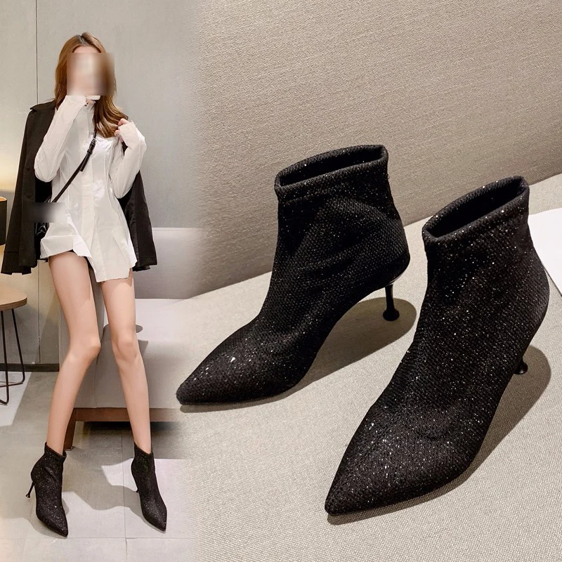 

Women's High-heeled Boots with Sequins, Fashionable Sexy Stiletto Ankle Boots (Height 8cm 3.15inches)
