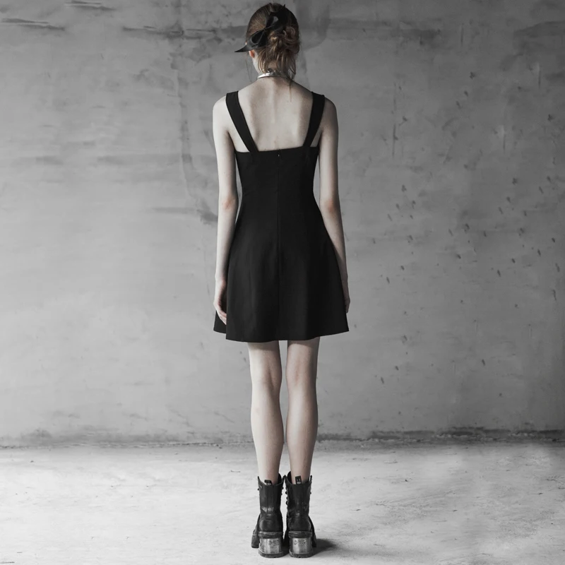 Женское платье в стиле панк черное модное неэластичное из шифона на