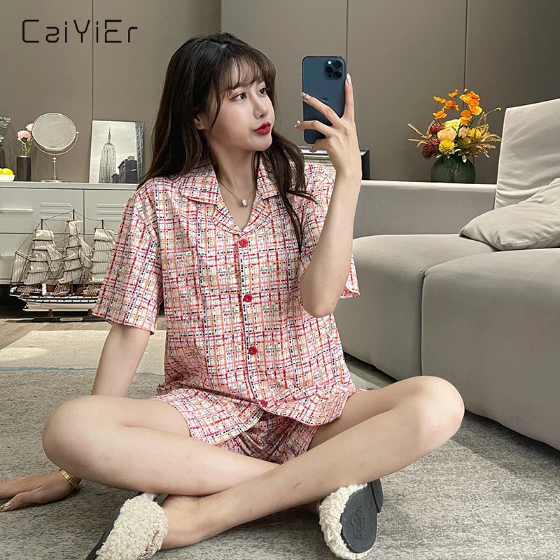 

CAIYIER Summer Women Pajamas Set Short-sleeved Shorts Sleepwear Rainbow Plaid Print Homewear Suit Print Sweet Girl Nightwear