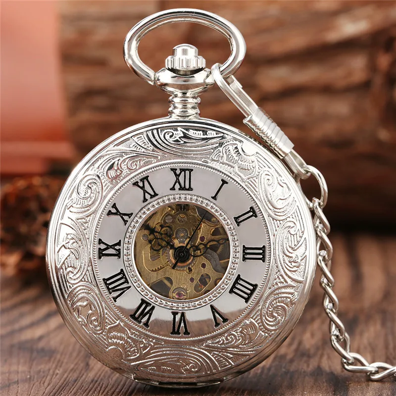 Steampunk Silver Handwinding Mechanical Pocket Watch for Men Women Double Hunter Roman Number Dial Pendant Necklace Chain Reloj