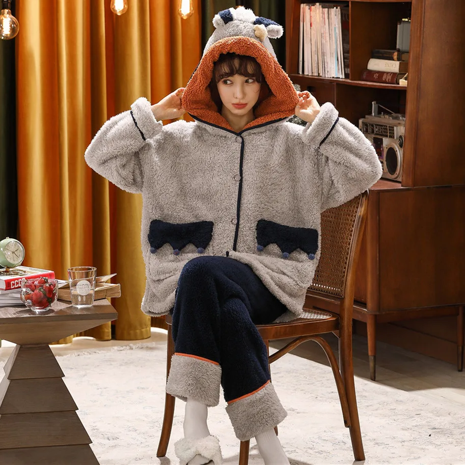 

Pajamas Women's Winter Coral Velvet Lovely Autumn and Winter Style Thickened Flannel Women's Home Clothes Spring and Autumn Set