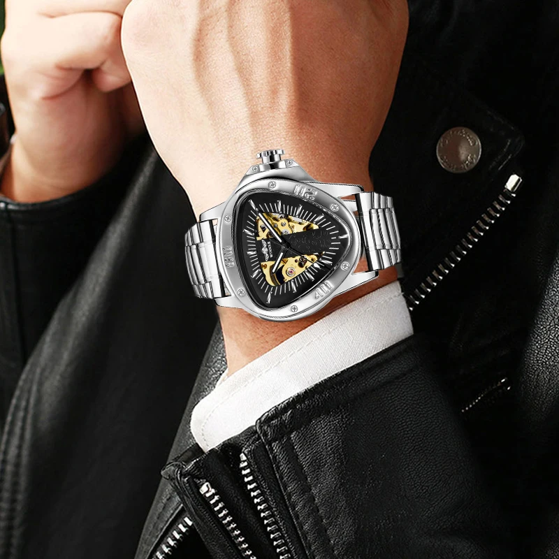 

Winner Steampunk Fashion Top Brand Luxury Triangle Golden Skeleton Movement Mysterious Men Automatic Mechanical Wrist Watches