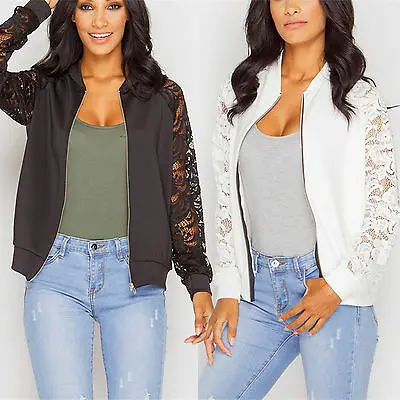 

Women Flower Lace Bomber Jacket Long Sleeve Zip Up Casual Biker Coat Tops Blouse