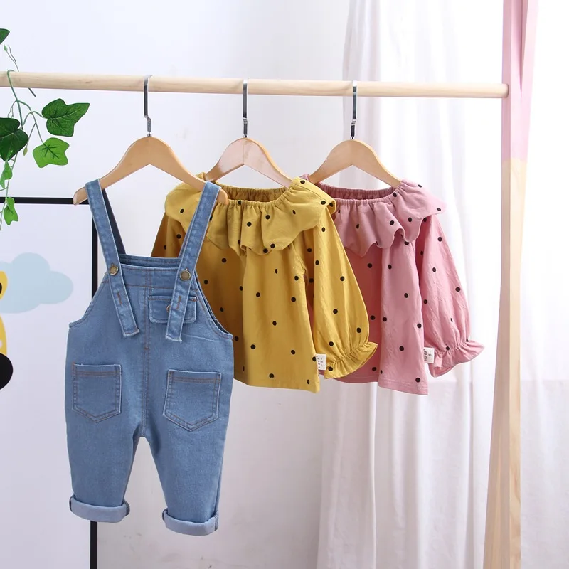 

Baywell Spring Autumn Toddler Baby Girls Clothes Long Sleeve Dot Print Tops +Denim Overalls Kids Girl Casual Outfits Sets 0-4Y