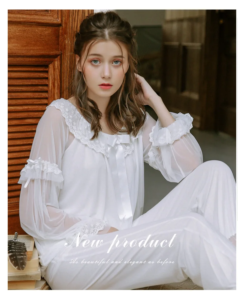 

2021 Spring and Summer Retro Court Pajamas Set Women Sexy Princess Long Sleeve Long Sleepwear Round Neck Lace Mesh Homewear New