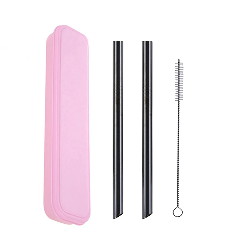 Pink Box Black 2 шт металлический заостренный кончик соломы+ 1 кисть для ПК радужные соломинки многоразовые трубочки 12 мм* 215 мм с портативной коробкой или сумкой - Цвет: Pink Box Black