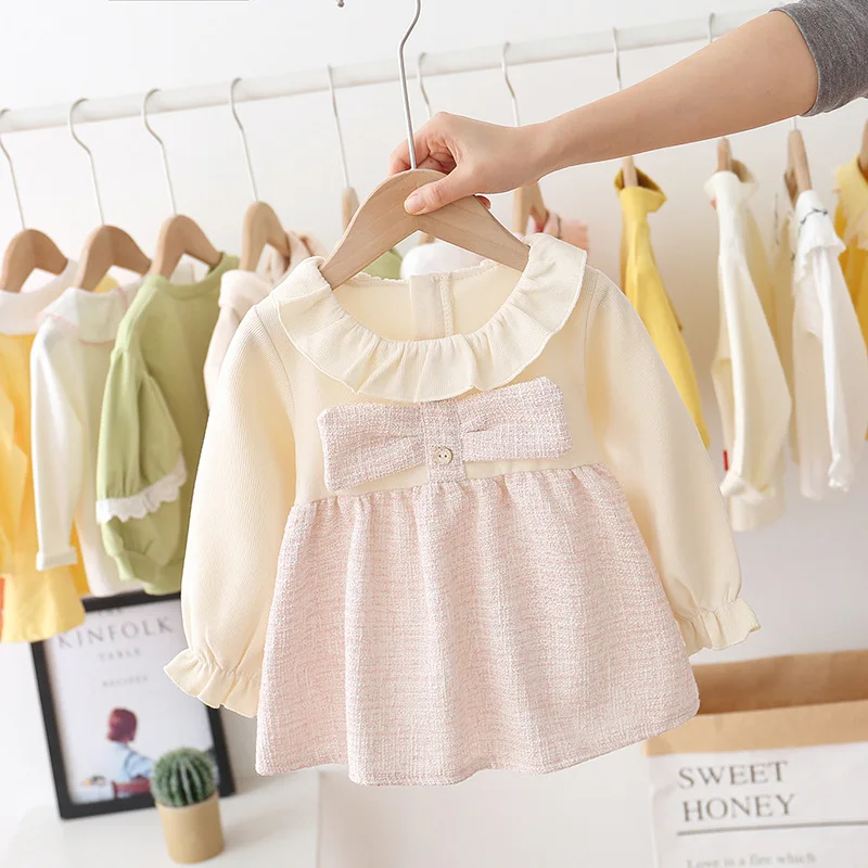 Весеннее плиссированное платье пачка с длинным рукавом и бантом для маленьких