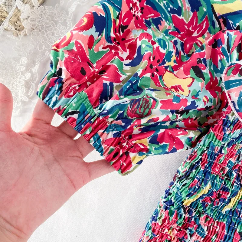 

Korean Floral Printed Ruffled Irregular Sexy Blouses Women's Chiffon Sweet Slim Summer Slash Neck Chiffon Shirts Blouse