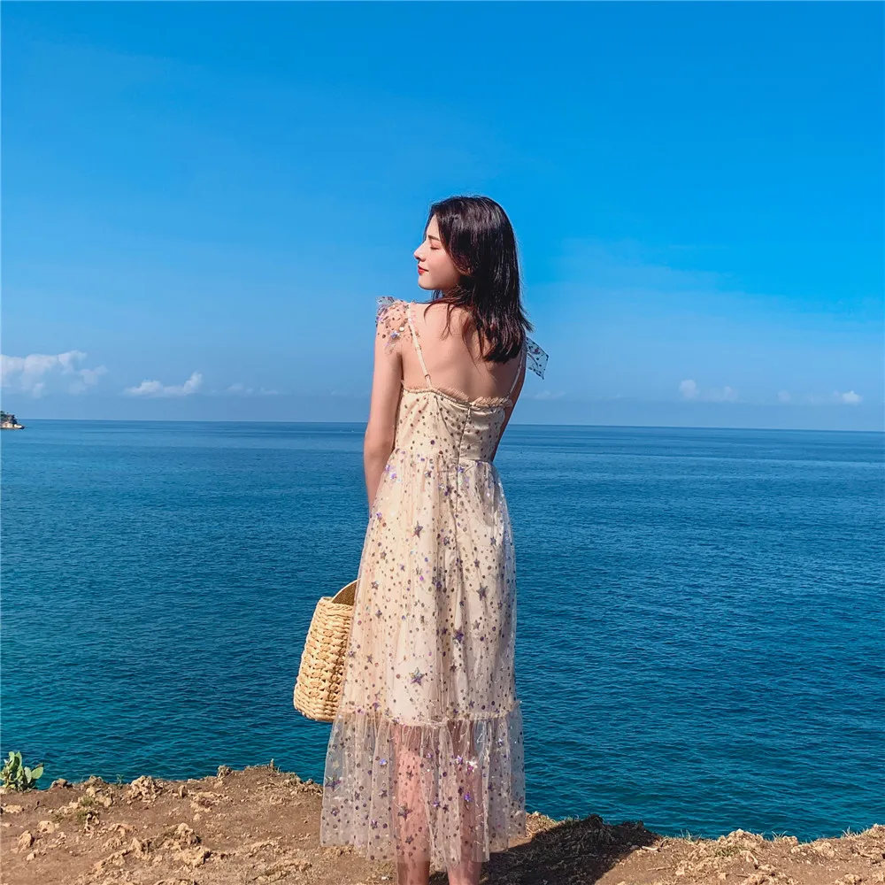 

Summer Vintage Luxury Femmes Boho Dress Backless Spaghetti Strap Sheer Mesh Mid-Calf Women Sequined Embroidery Beach Lady Dress