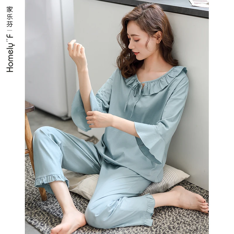 Mercerized Cotton Pajamas nv chun Summer Pure Cotton Three quarter length Sleeve Clothing Long Sleeve Autumn Spring and Autumn