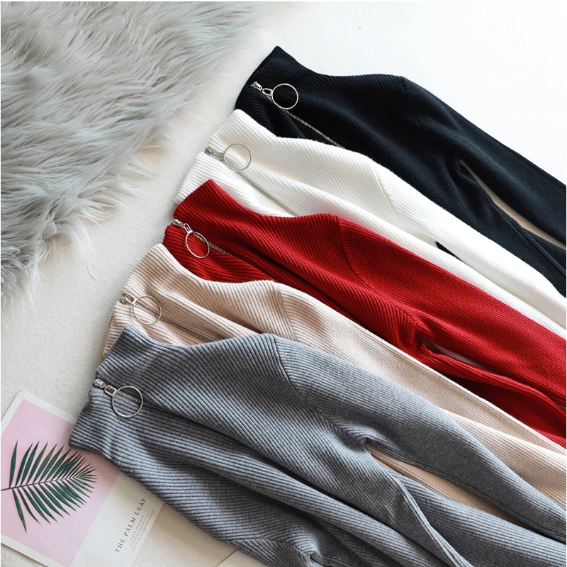 Casual Zipper Sweater Women Turtleneck Autumn Winter Tops Solid Long Sleeve Fashion Knitted sweaters Pullovers Chic Soft Jumper | Женская