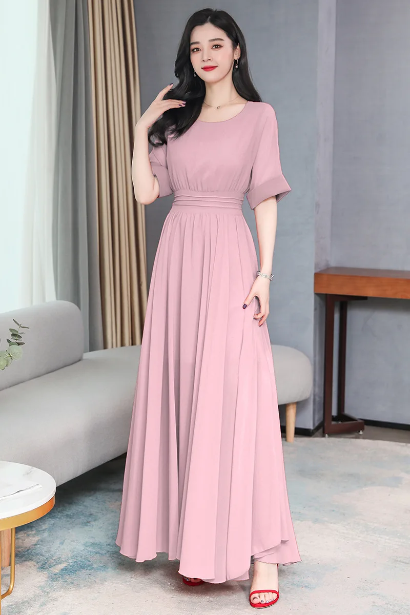 

2021 summer fashion round neck sweet new light ripe temperament elegant gentle French swing chiffon holiday dress