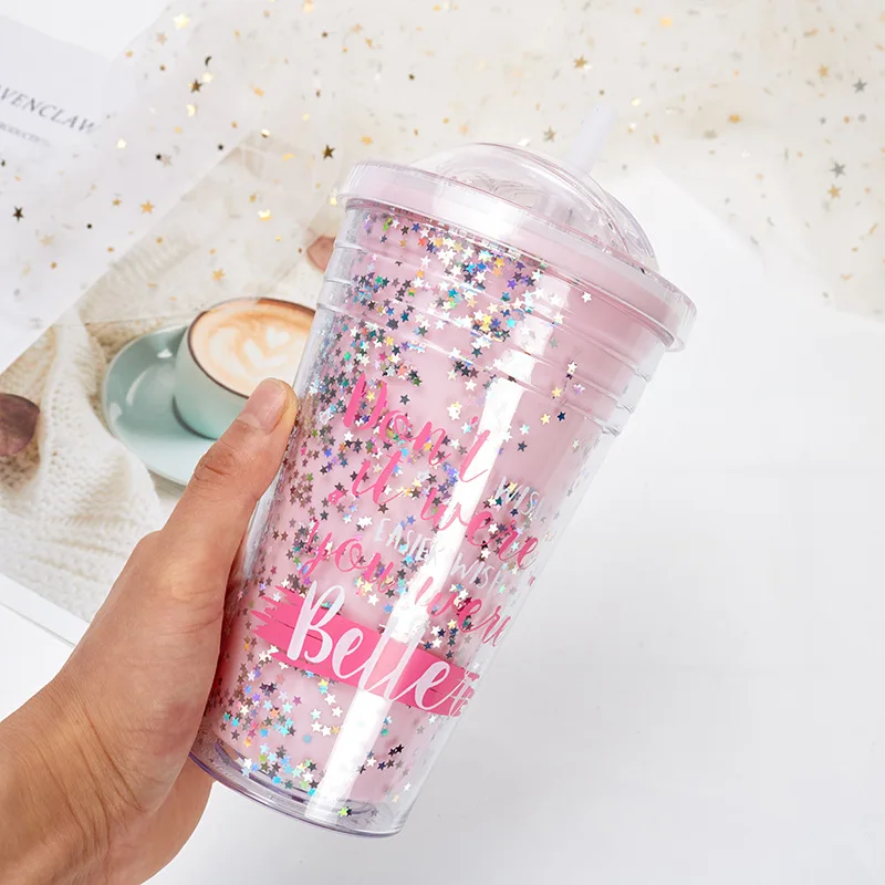 

Double-layer Plastic Cup Creative Dinosaur Star Double Plastic Cup Student Korean Plastic Straw Cup Plastic Water Cup