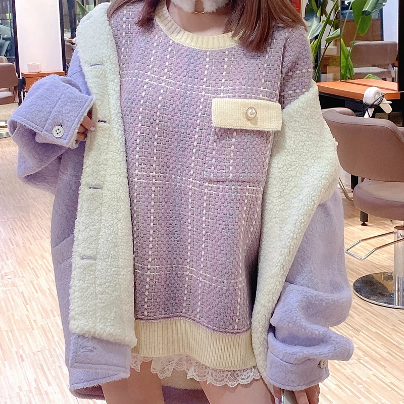 Женский вязаный свитер с круглым вырезом толстый Свободный пуловер в винтажном