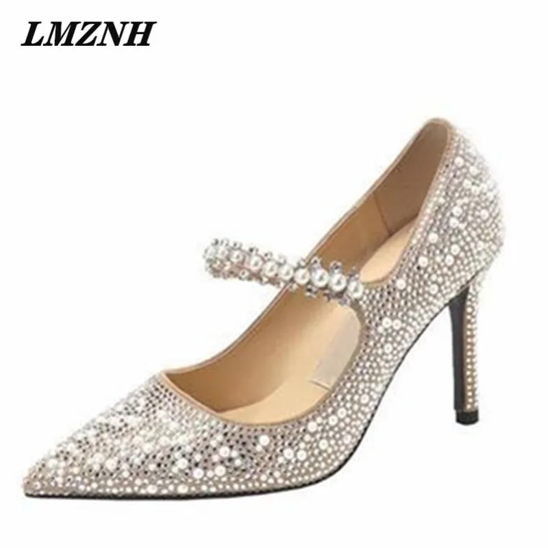 

LMZNH Summer New Women High Heels Rhinestone Pointed Toe Stiletto Slip-On Fashion Female Pumps Elegant Party Wedding Women Shoes