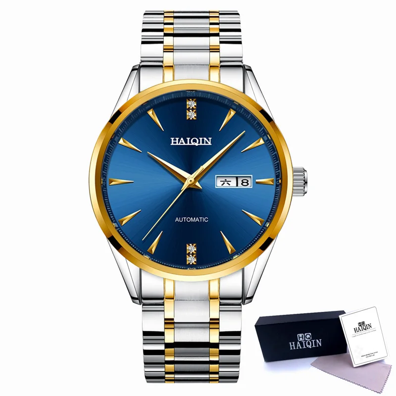 gold blue Новинка, HAIQIN, роскошные брендовые мужские деловые часы, мужские часы, автоматические механические мужские наручные часы, водонепроницаемые, relogio masculino - Цвет: gold blue
