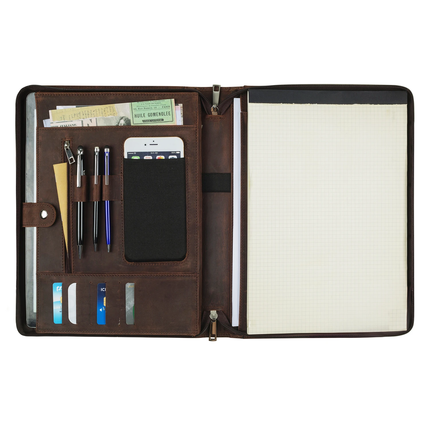 Ручной работы портфель из старинной кожи "Crazy Horse" формата А4 для бизнеса, органайзер-портфолио с ручкой.